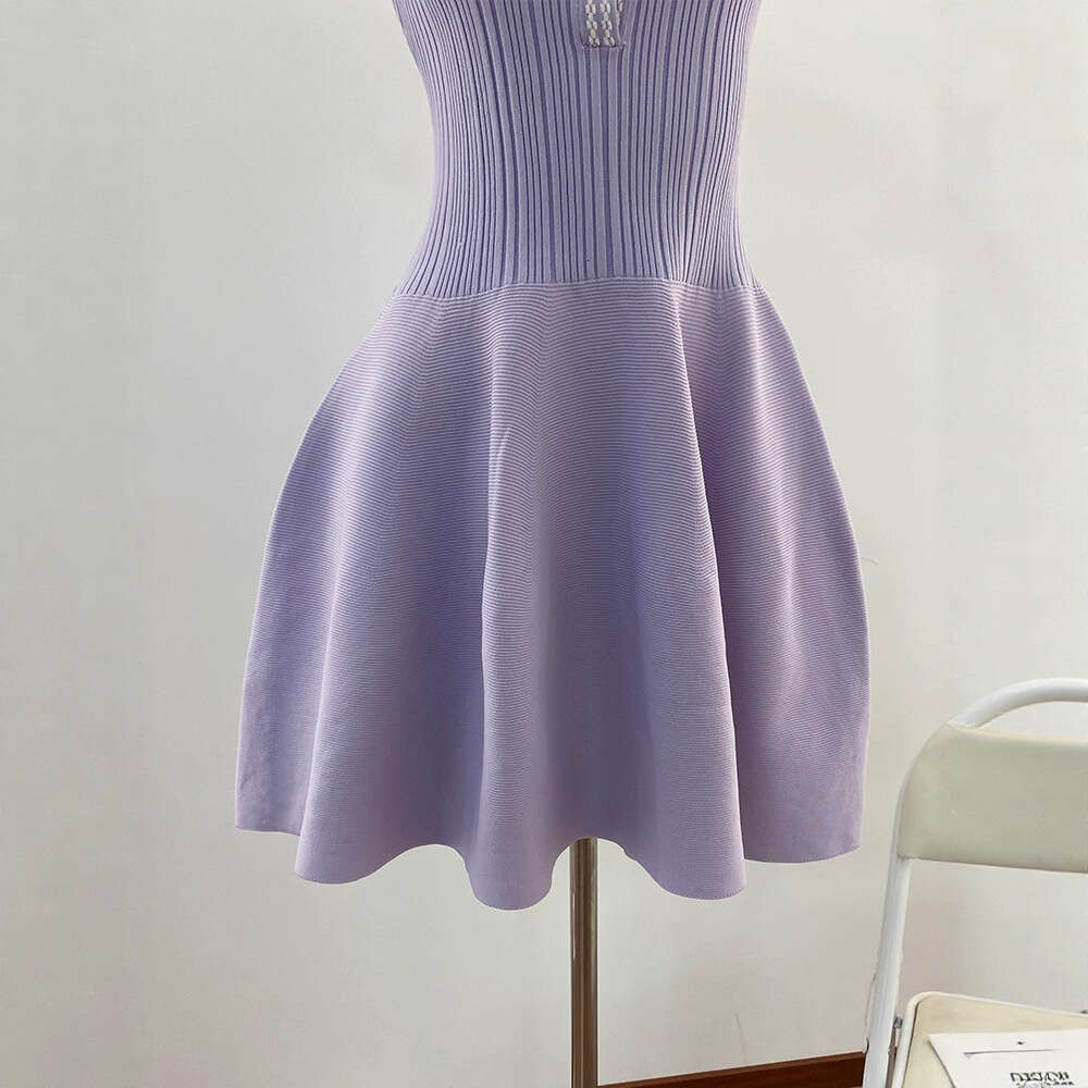 2026 summer k30 new designer light purple lapel elegant short sleeved knitted dress A-line fluffy skirt