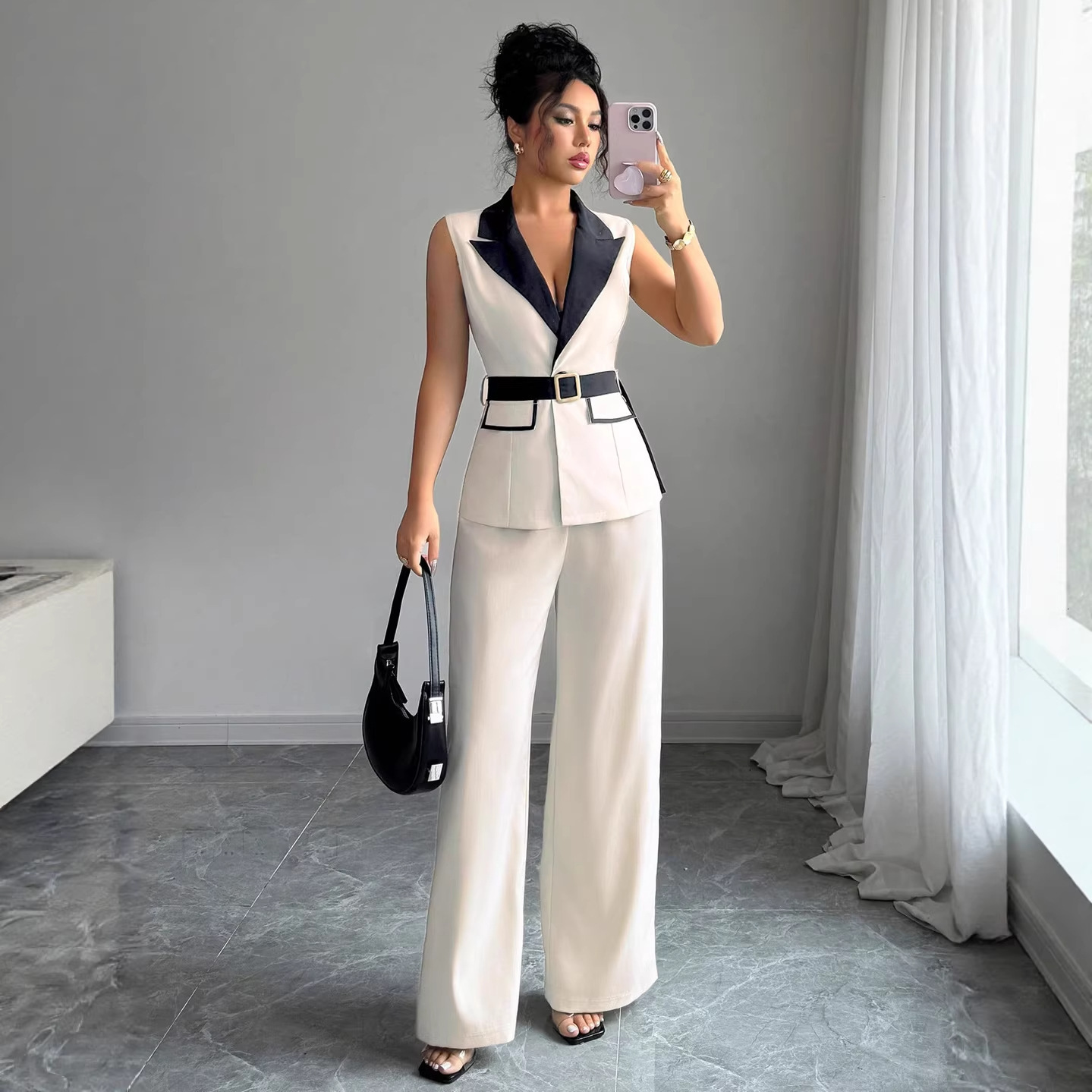2026 Luxury Brand Women's Set Autumn Trend Hot Selling Elegant Style Women's Outdoor Fashion Sexy Deep V Waist Collar Top And Casual Straigh