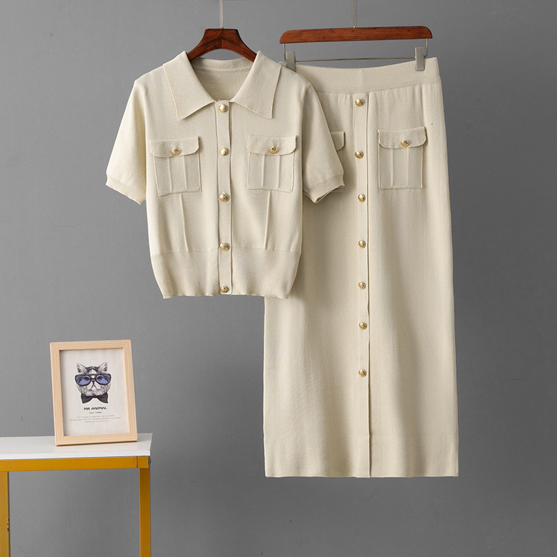 2026 New Designer Luxury Brand Fashion Breathable Spring/summer French High End Knitted Set Fashion Collar Button+slim Fit Medium Long Skirt Two Piece