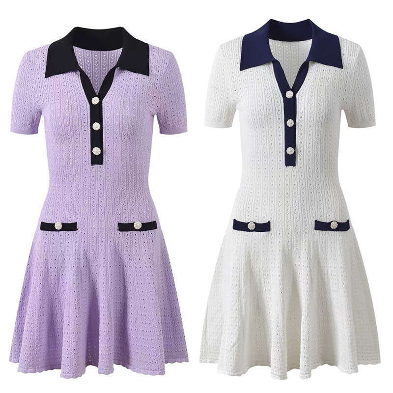 2026 Autumn New k30 Designer Light Purple Pure White Collar Hollow Fashion Women's Knitted Dress