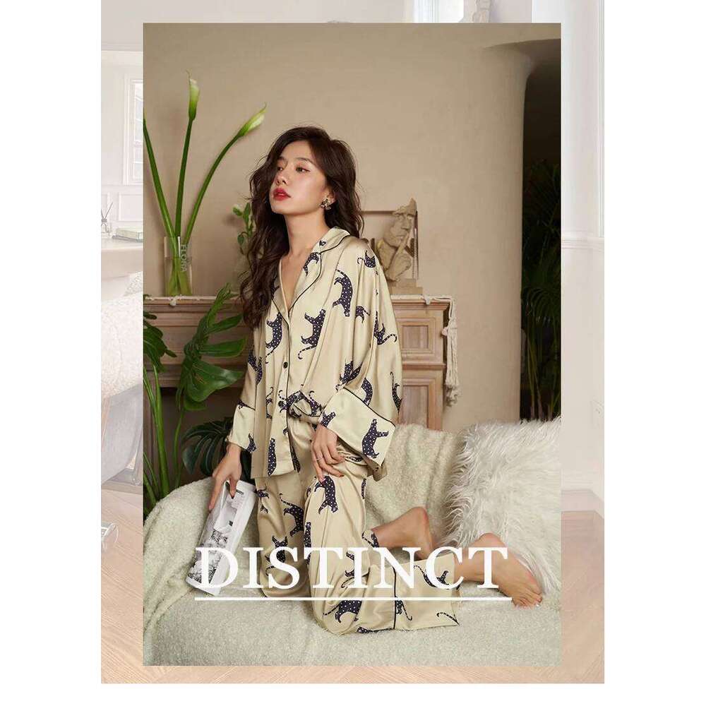 2026 New Arrival Women Fashion Leopard Bat Sleeve Ice Silk Pajamas Simple Casual Loose Thin Satin Sleepwear Night Suit MAKOUFEI