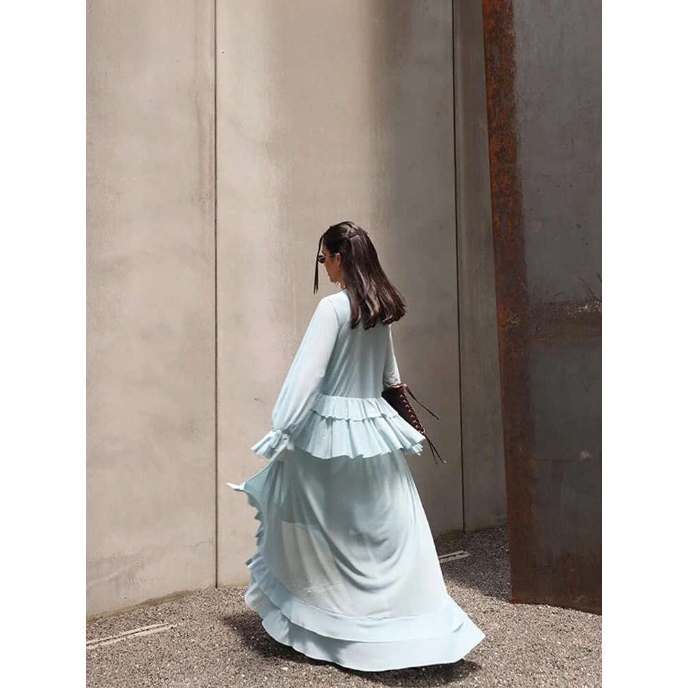 Fashion Women Ruffle Shirts Skirts Set Elegant Long Sleeve V Neck Shirt Pleated Empire Skirt Summer Vacation Lady Suit MAKOUFEI