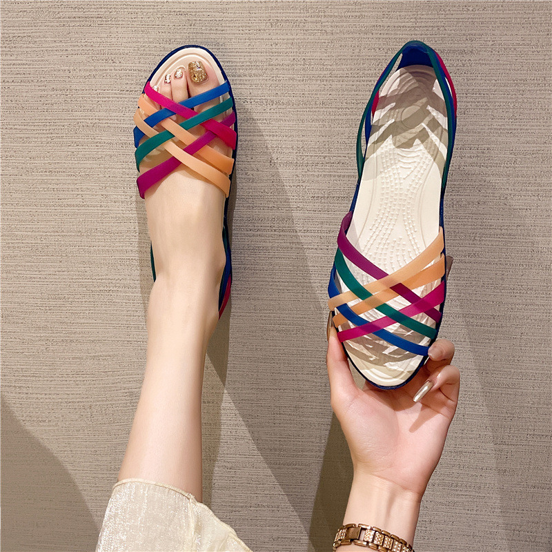 Summer New Flat Hole Shoes Female Beach Jelly Students Simple Rainbow Plastic Sandals ddmymonkey