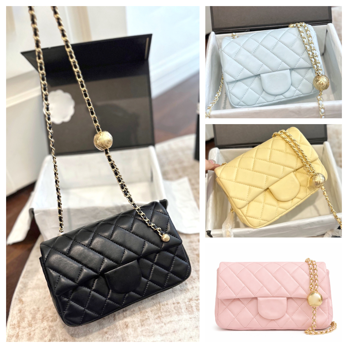 Gold Ball Chain Bag Designer CF Flap Bag Luxury Quilted Leather Crossbody Shoulder Bag for Ladies Pink Designer Bag Turnlock Classic Flap Handbag With box