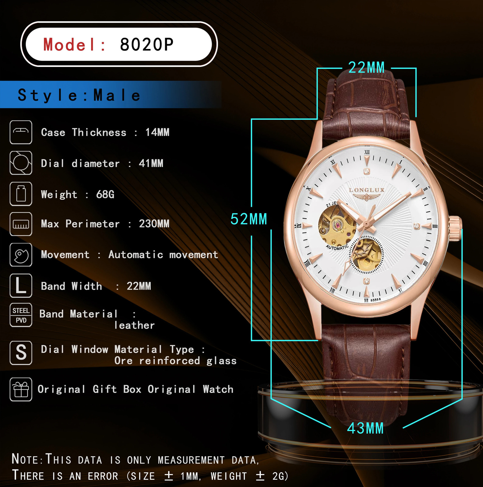 LONGLUX automatic watch elegant style wholesale mechanical wristwatches skeleton rome waterproof mens watch men gift 260409