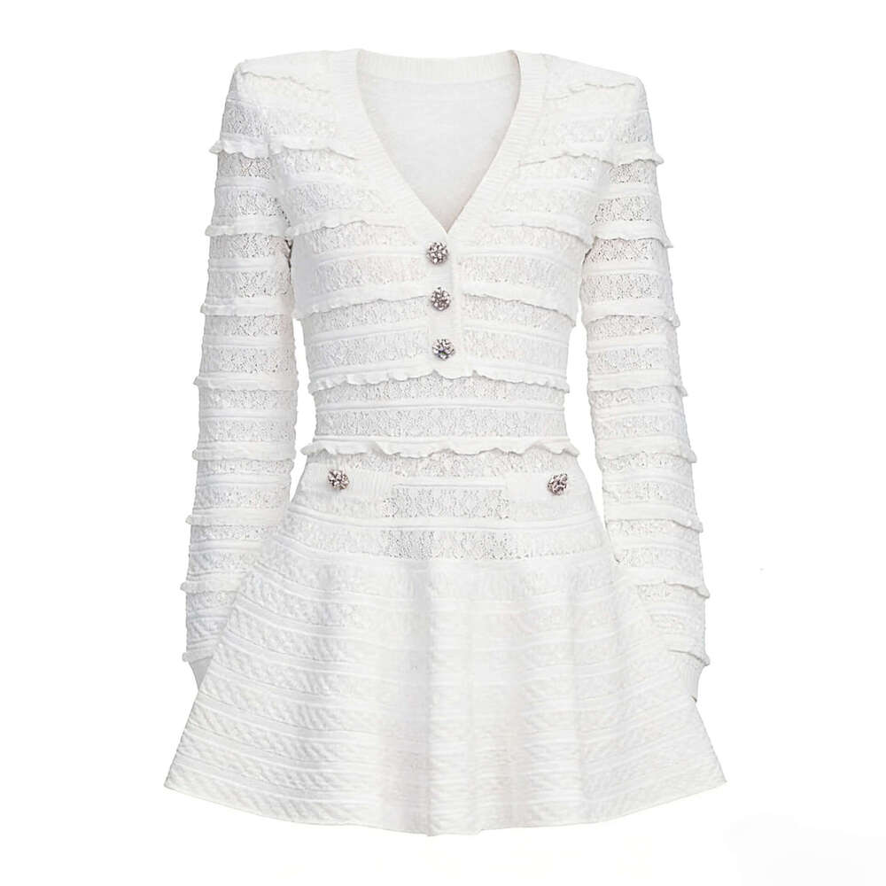 2026 Spring/Summer Designer Women's Hollow Fold V-neck Long Sleeve French Slimming Straight Shoulder k30 Knitted Dress