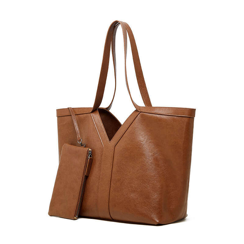 Women's Vegetable Tanned Leather Tote Bag Korean Style Simple Large Capacity Shoulder Bag Retro Commute Underarm Handbag SENYY