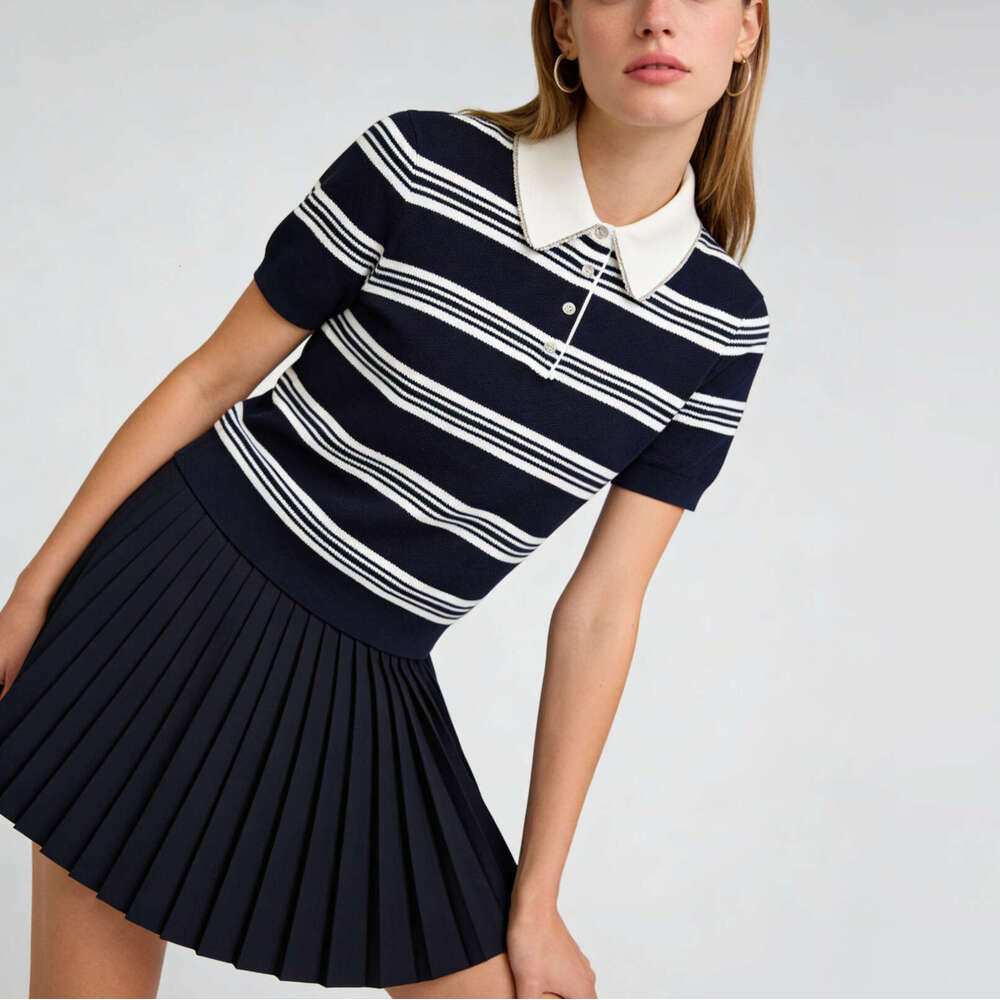 2026 spring new designer French k30 casual striped lapel with rhinestone decoration elegant pullover