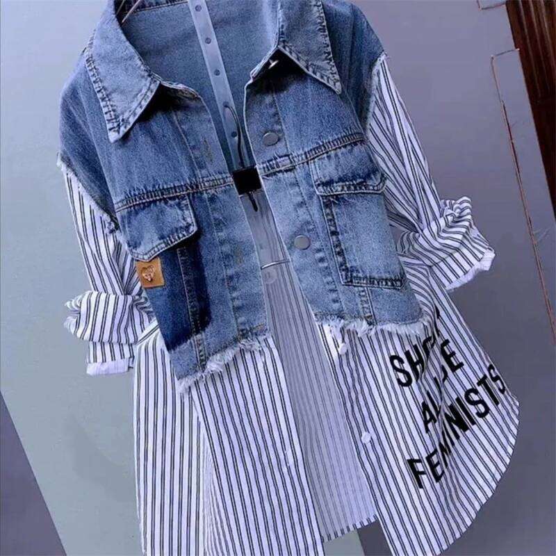 New Arrival Women Splicing Denim Jacket Korean Fashion Casual Jean Coat Loose Outwear Female Windbreaker Tops MAKOUFEI