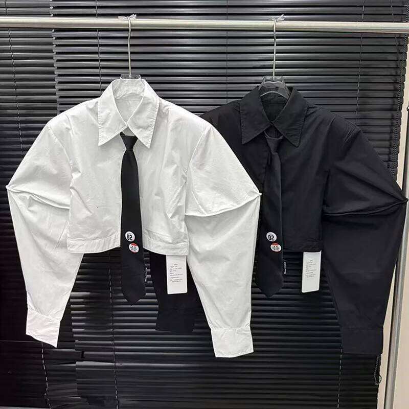 2026 Early Autumn New Women Tie Front Short Top Fashion Casual Loose Niche Design Versatile Trendy Blouse Shirt Women MAKOUFEI