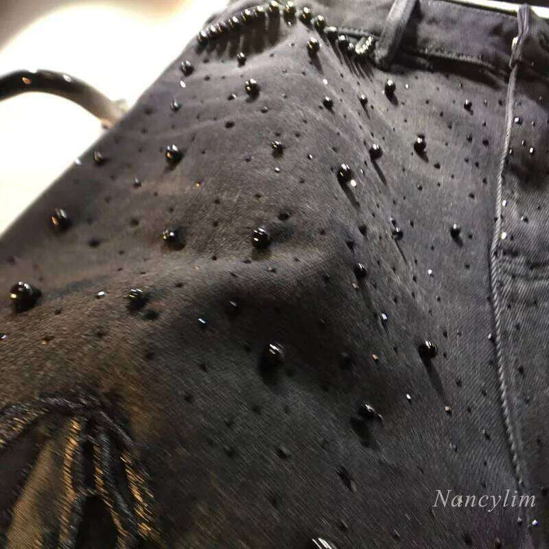 European Black Pants Summer New Heavy Industry Beads Hot Diamond Denim Splicing Crochet Hollow Lace Jeans Women MAKOUFEI