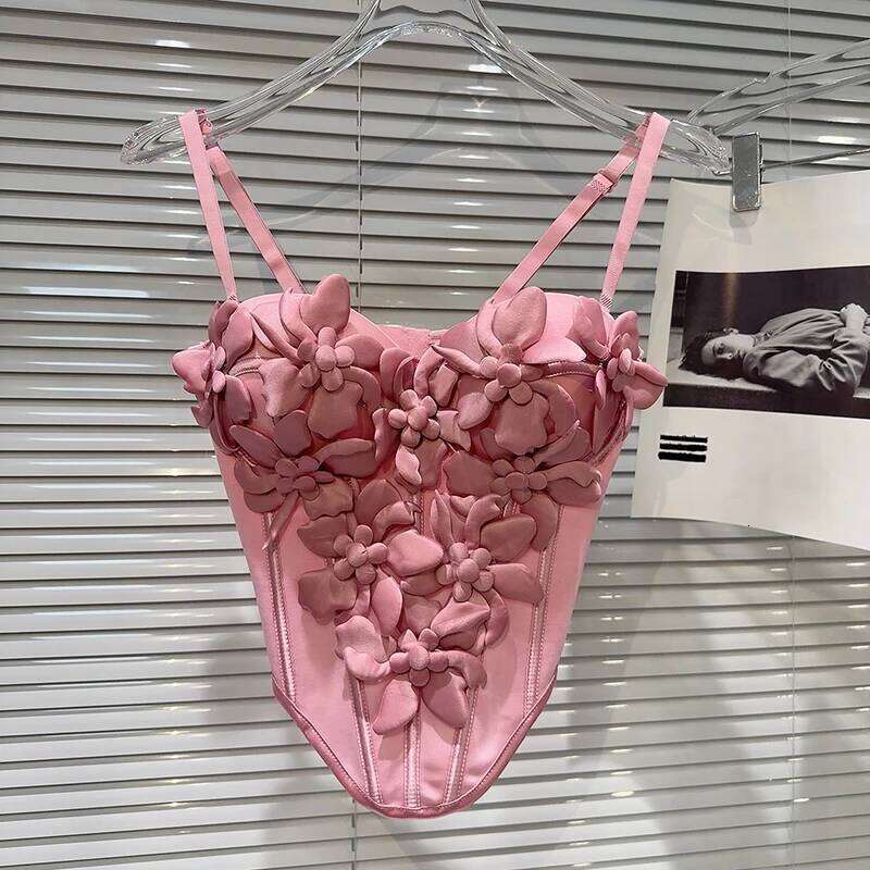 2026 New Women 3D Floral Camisole Fishbone Waist Slim Tank Top With Chest Pad Sexy Sling Vest Fashion Crop Top MAKOUFEI