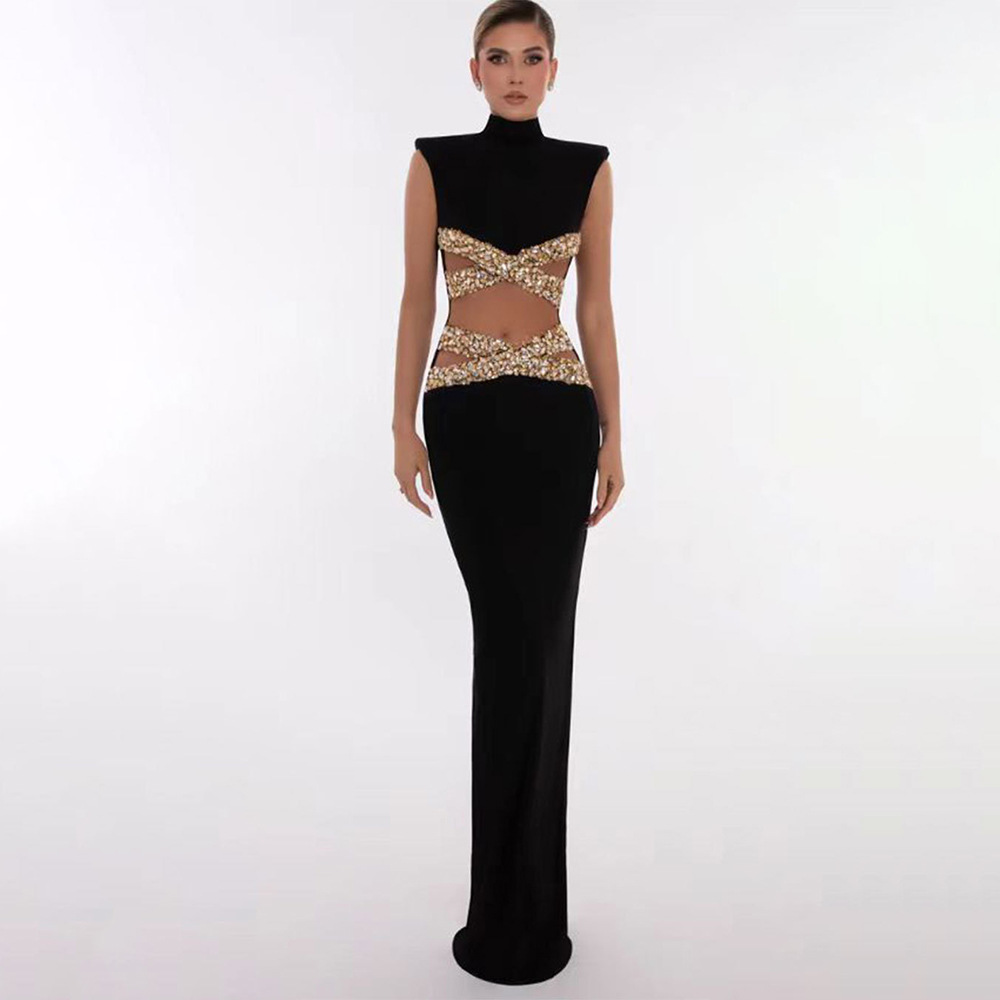 OC413N61 Jewel Hollow Crystal Sexy Back Evening Dress Women Elegant Long Sleeveless Mesh Beaded Cross-border Custom