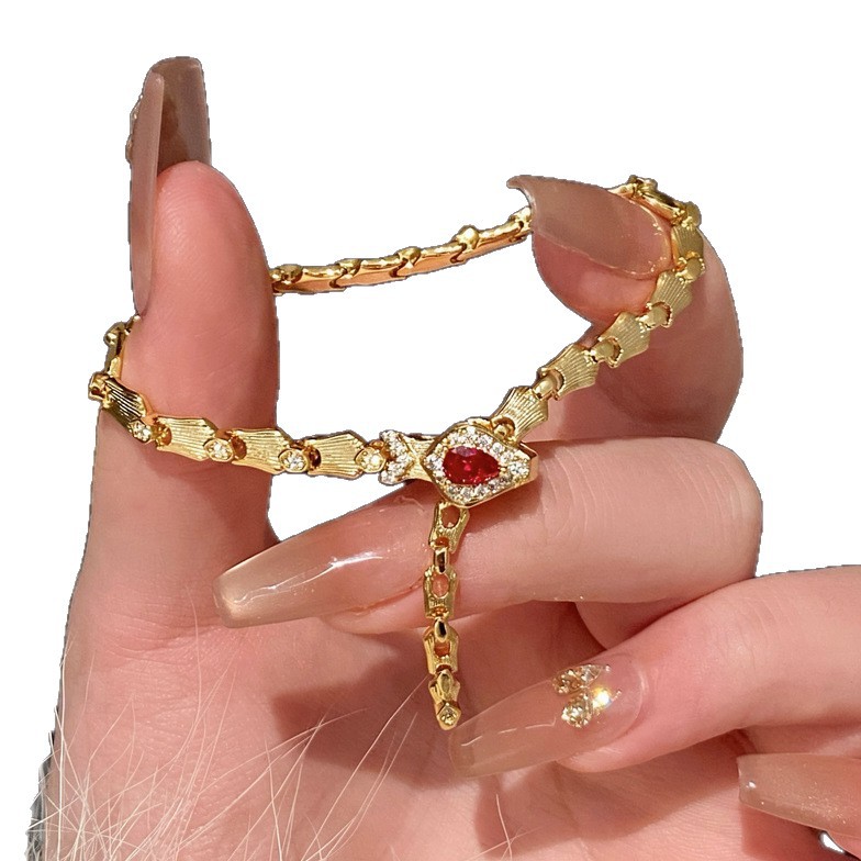 French vintage snake bone ruby open bracelet, light luxury high-end feel, elegant bangle with a niche design for women - view 5