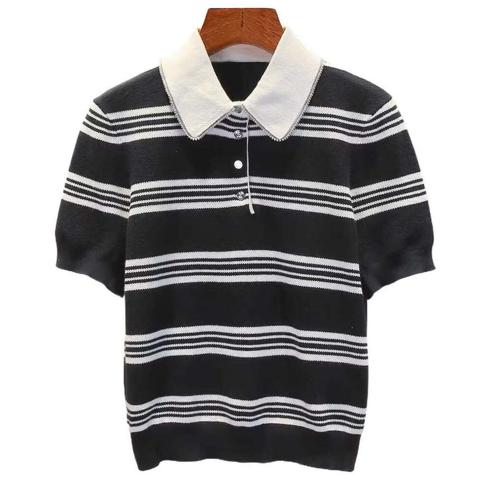 2026 spring new designer French k30 casual striped lapel with rhinestone decoration elegant pullover