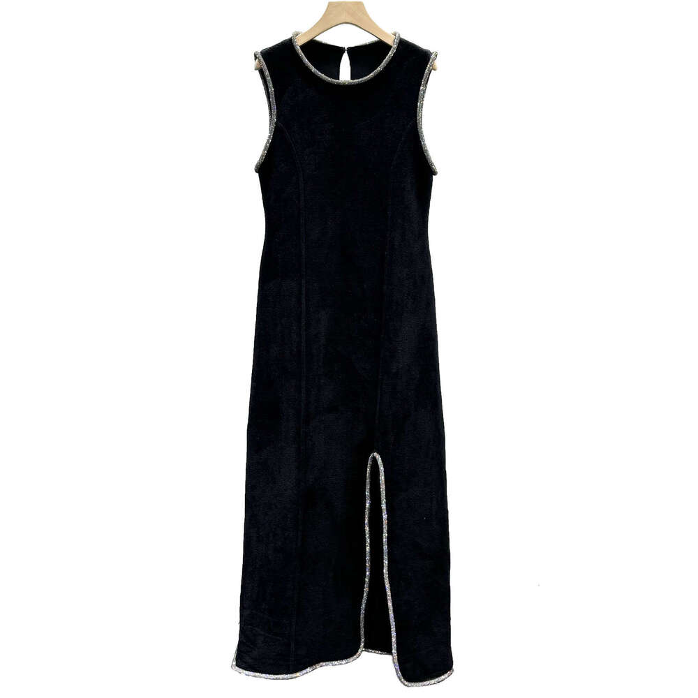 Designer French Hepburn style slim k30 fit women's clothing high-end diamond embellished velvet slit sleeveless knitted vest