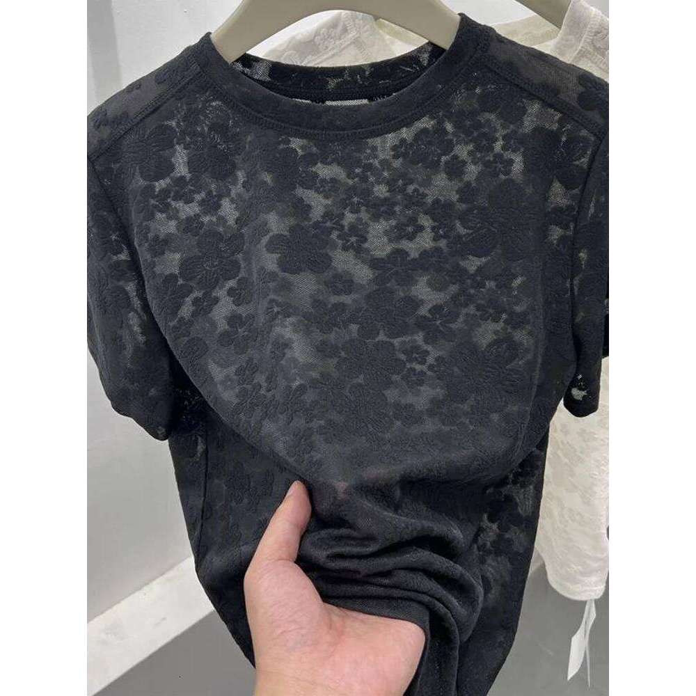 Black Lace Crew Top Solid Elegant Casual Flower Embroidery Short Sleeve T Shirts for Women Harajuku Summer Tees Basic MAKOUFEI