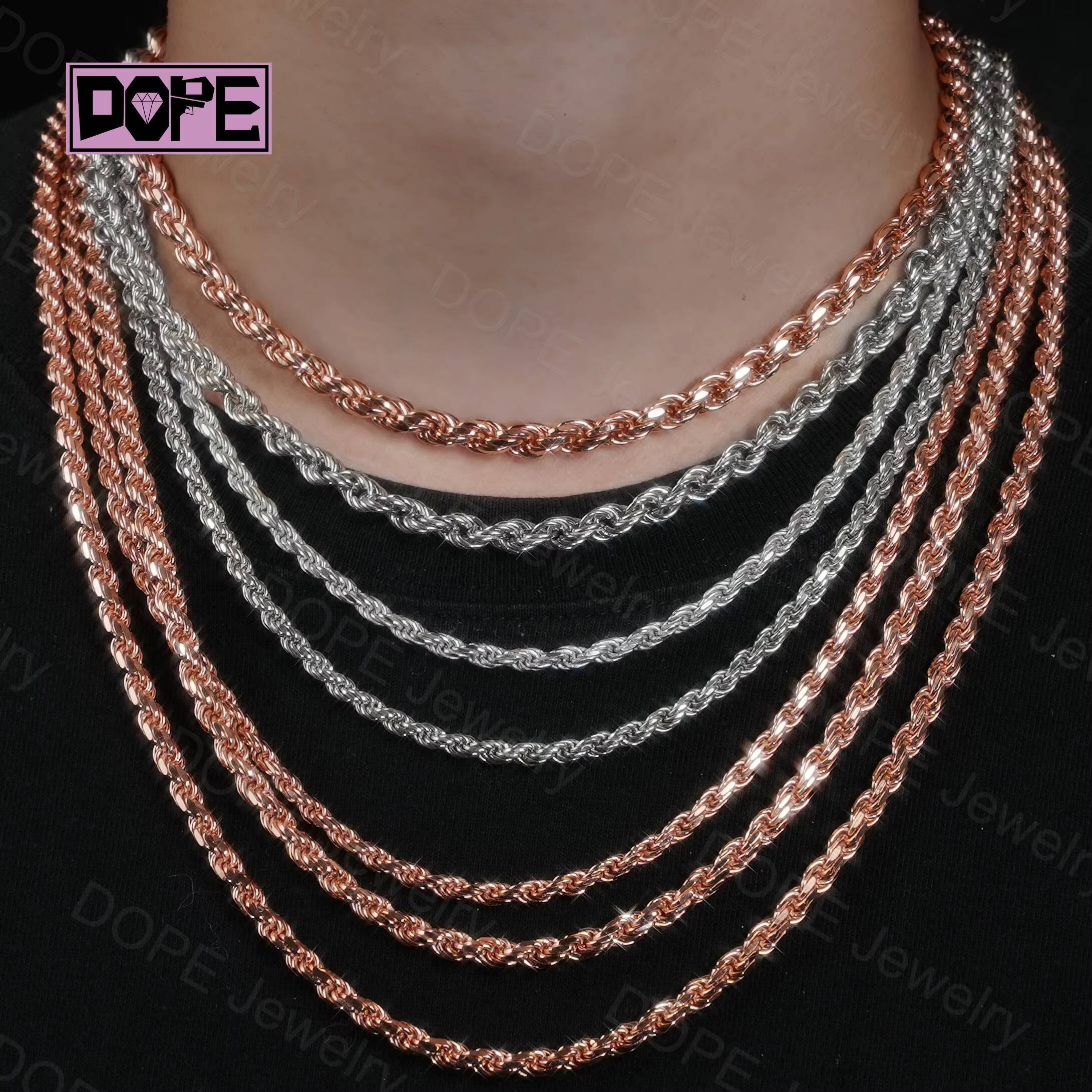 Hiphop 4mm 6mm Silver Chain Diamond Cut 18k Gold Braided Twisted Necklace 925 Sterling Silver Rope Chain