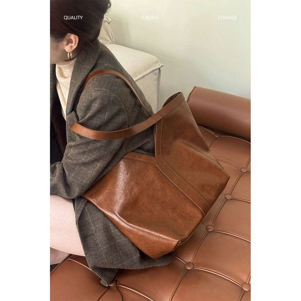 Women's Vegetable Tanned Leather Tote Bag Korean Style Simple Large Capacity Shoulder Bag Retro Commute Underarm Handbag SENYY