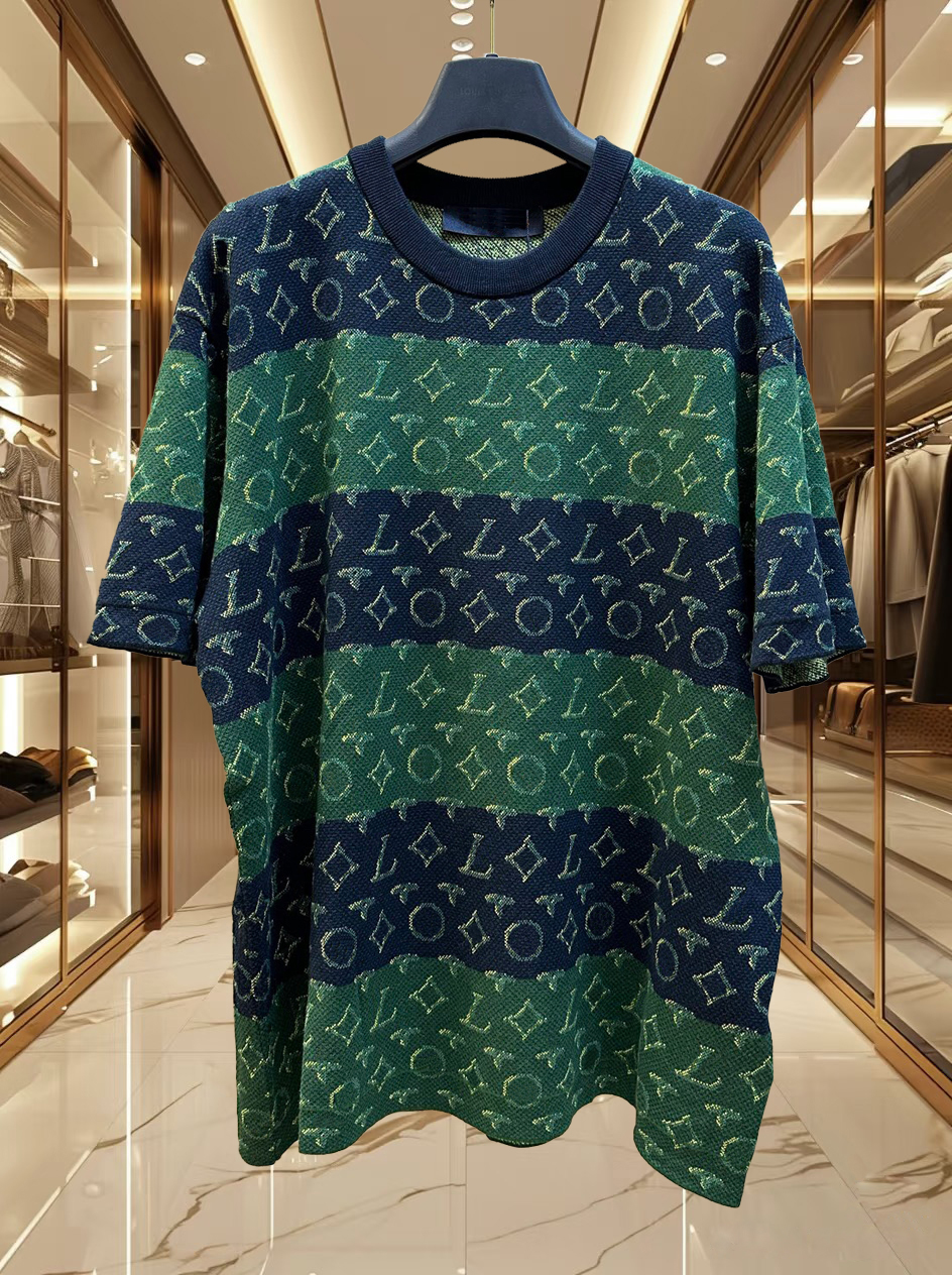 High quality designer men's T-shirt Polo shirt men's long flower wide stripe woolen jacquard short sleeved full print fashion versatile summer style