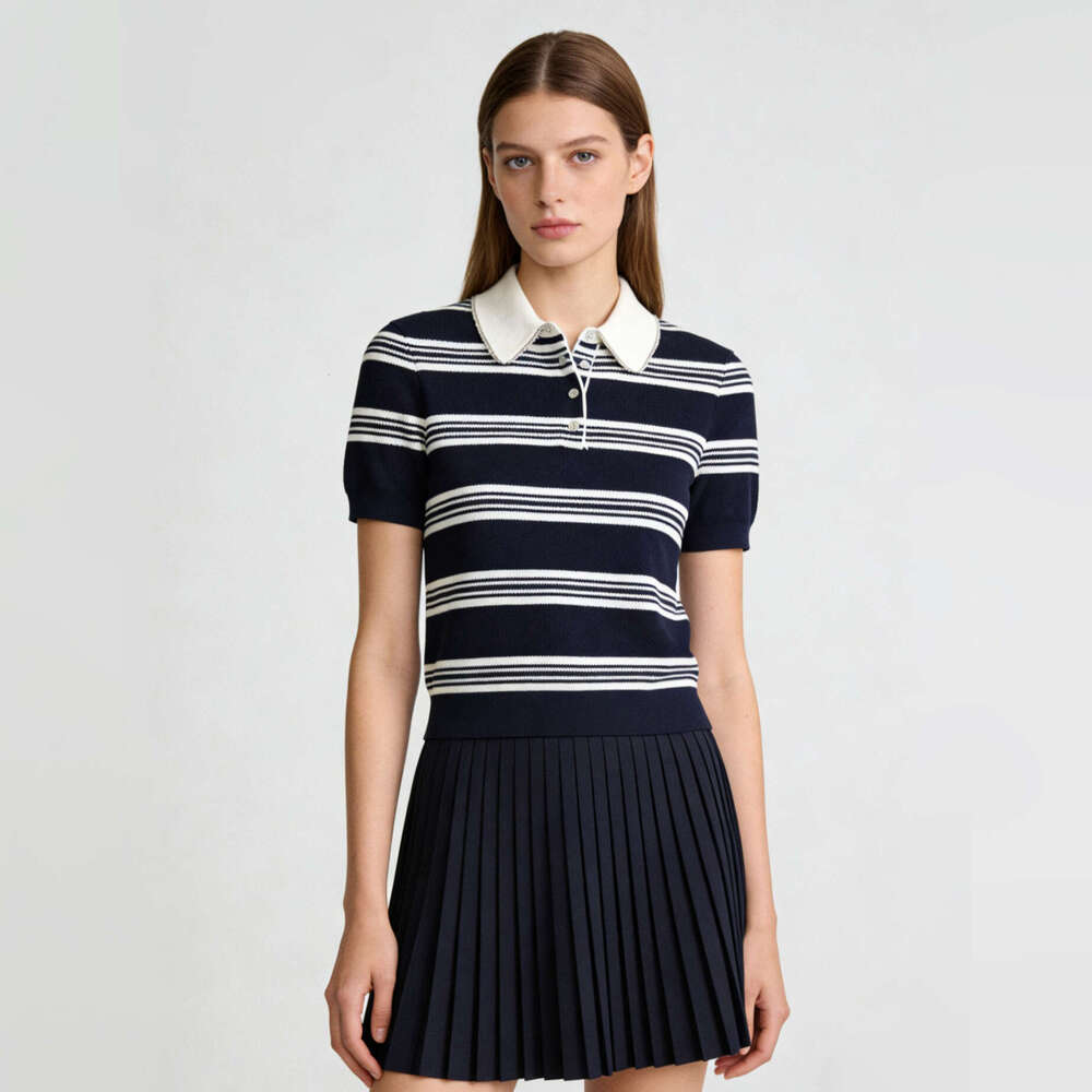 2026 spring new designer French k30 casual striped lapel with rhinestone decoration elegant pullover