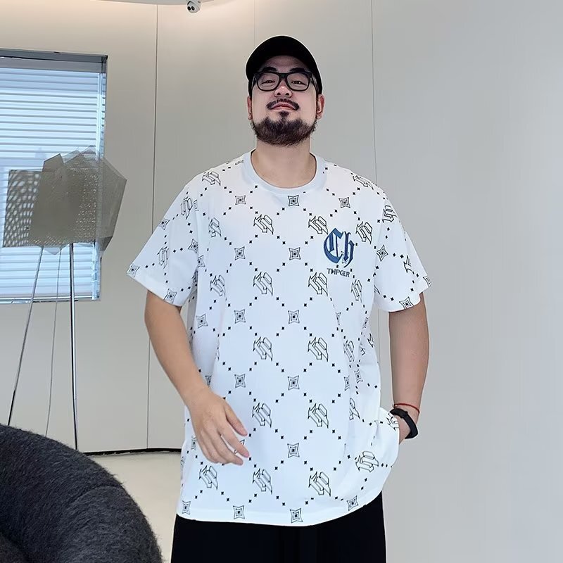 2026 Extra Large 150kg Summer Full Print Designer T-shirt Luxury Trendy Brand Diamond Grid Men's Fat Loose Short Sleeve Top Youth Breathable Mois