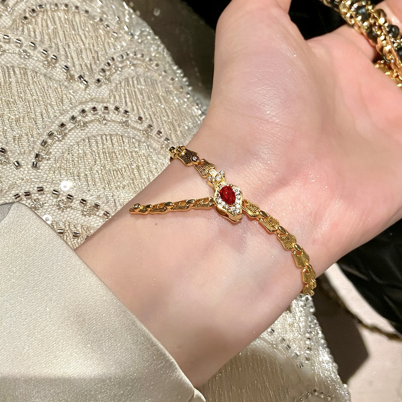 French vintage snake bone ruby open bracelet, light luxury high-end feel, elegant bangle with a niche design for women - view 3