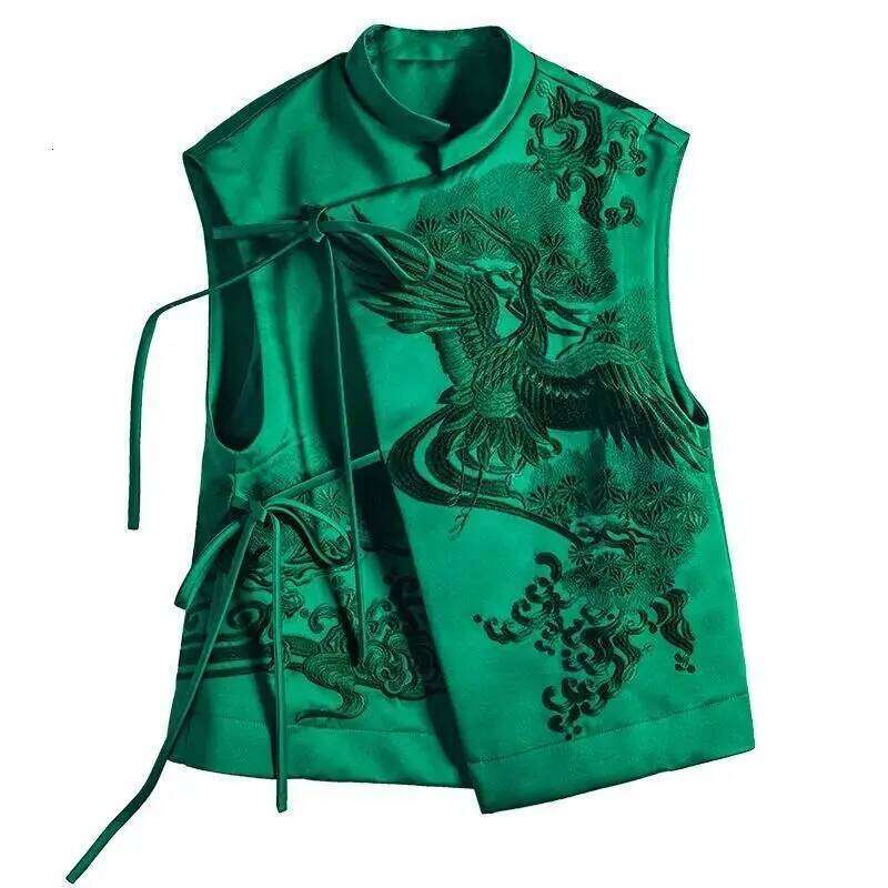 New Outerwear Retro Heavy White Stork Embroidery Green Lace Jacket Female Spring And Summer Chinese Style Vest MAKOUFEI