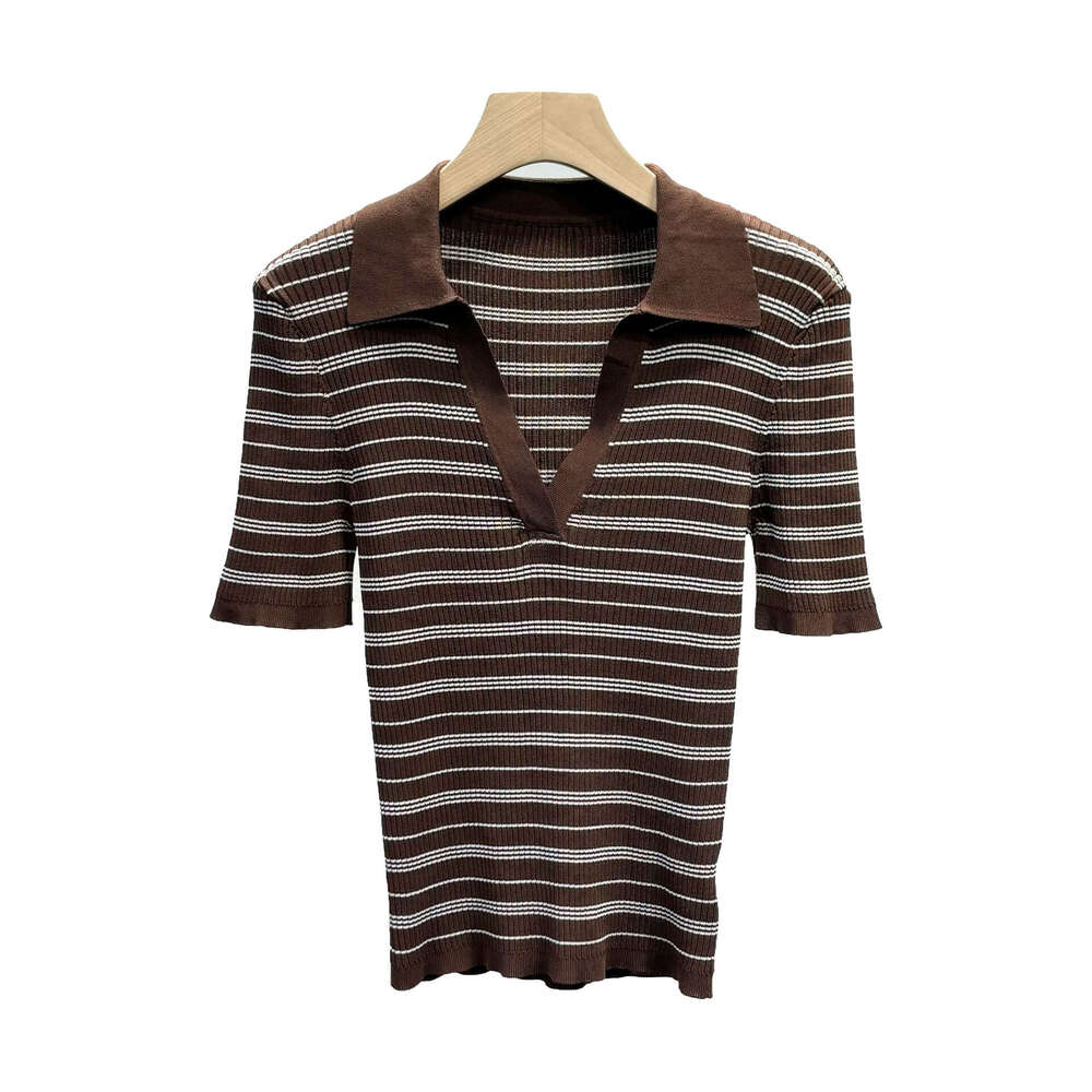 2026 k30 Summer Designer Women's Casual V-neck Striped Hoodie French Short sleeved Knitted Shirt Slim Elegant T-shirt