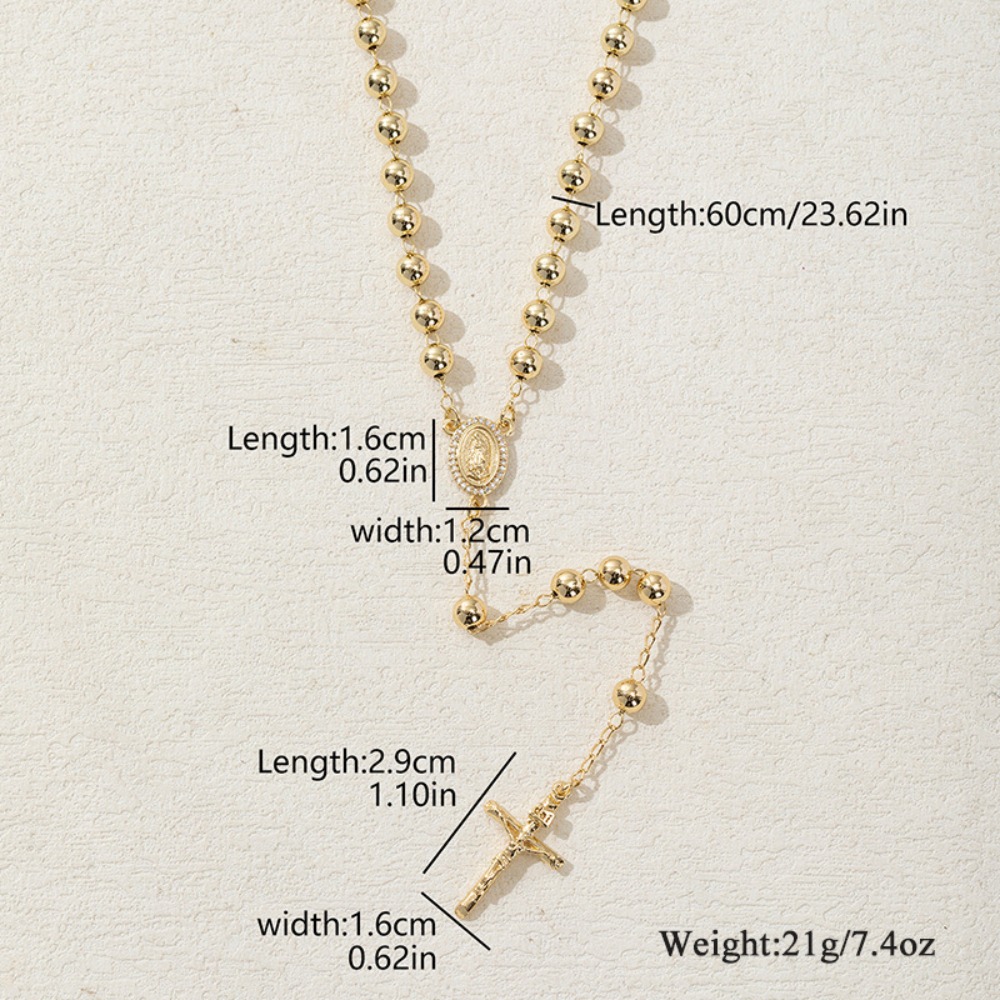 Cubic Zirconia 5mm Beads Men's Jesus Cross Pendant Long Rosary Chain