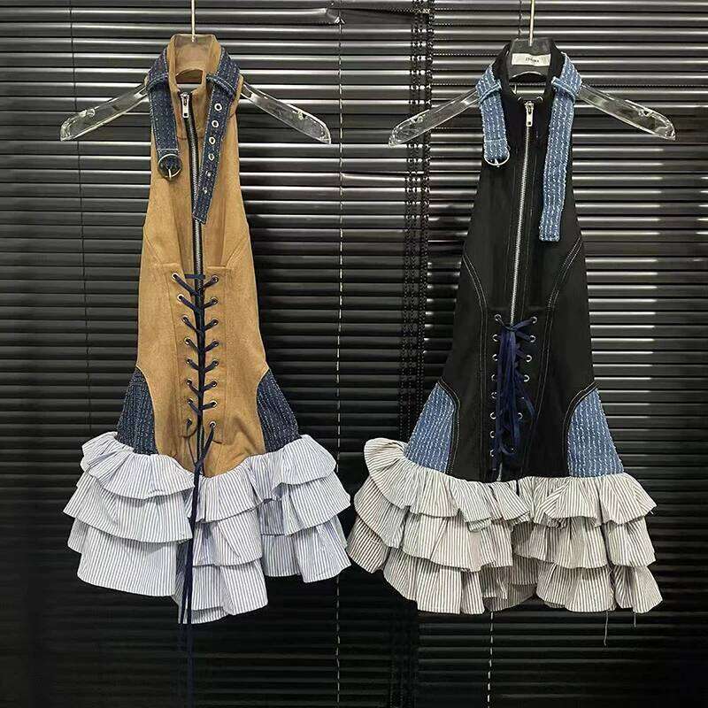 Spring New Arrival Fashion Retro Rivet Halter Sleeveless Dresses For Women Trendy Backless Strap Cake Dress Female A MAKOUFEI