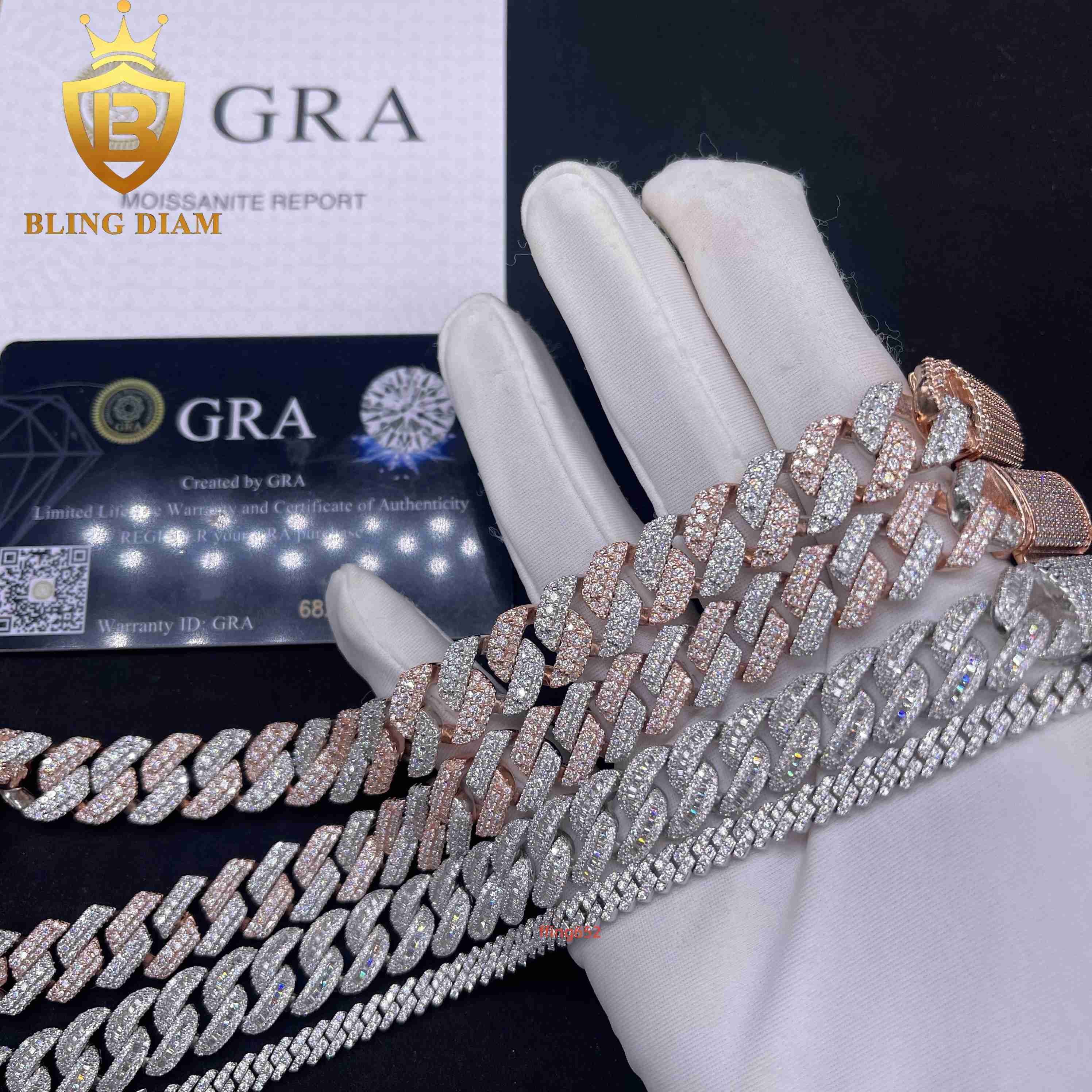 Hip Hop Jewelry Iced Out Rose Gold Two Tone Color Miami Cuban Link Chain and Bracelet Set for Men Moissanite 925 Sterling Silver