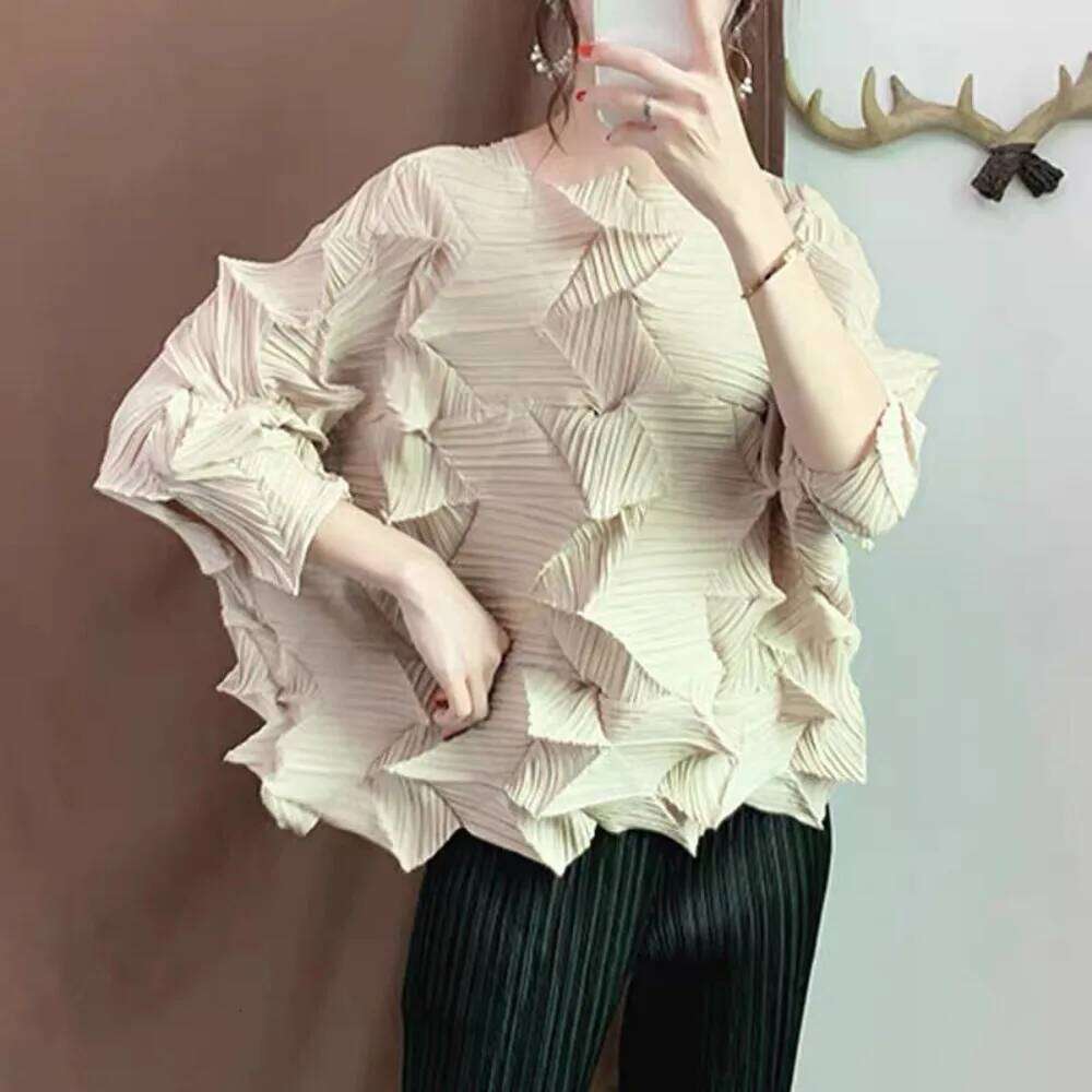 Miyake Pleated Casual Fold Top Summer New Round Neck T shirt Irregular Large Size Loose Women s Pleat Clothing MAKOUFEI