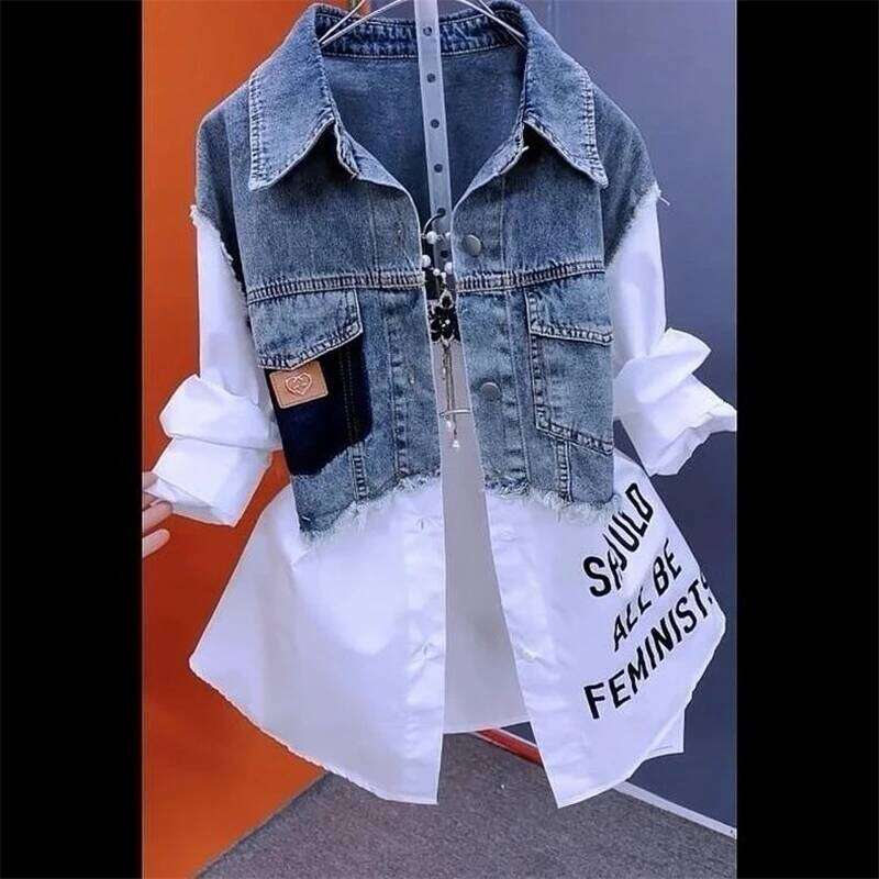 New Arrival Women Splicing Denim Jacket Korean Fashion Casual Jean Coat Loose Outwear Female Windbreaker Tops MAKOUFEI