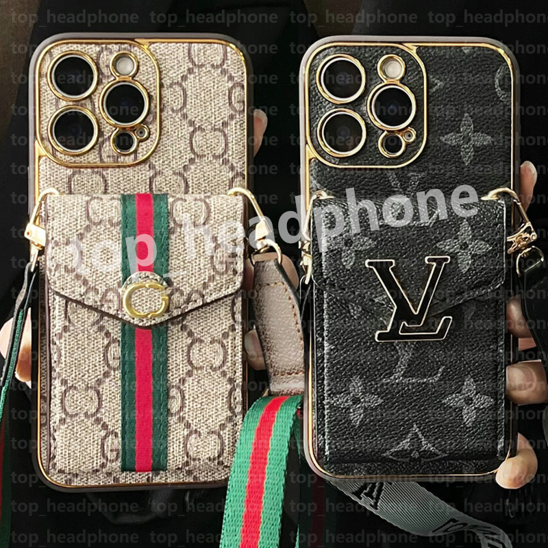 Designer IPhone Case Leather Phone Case For iPhone 17 Pro Max 14 13 12 ProMax 15 Plus Luxury Leather For Samsung S26 Ultra S25 S24 Case Wallet Card Pocket Crossbody Strap
