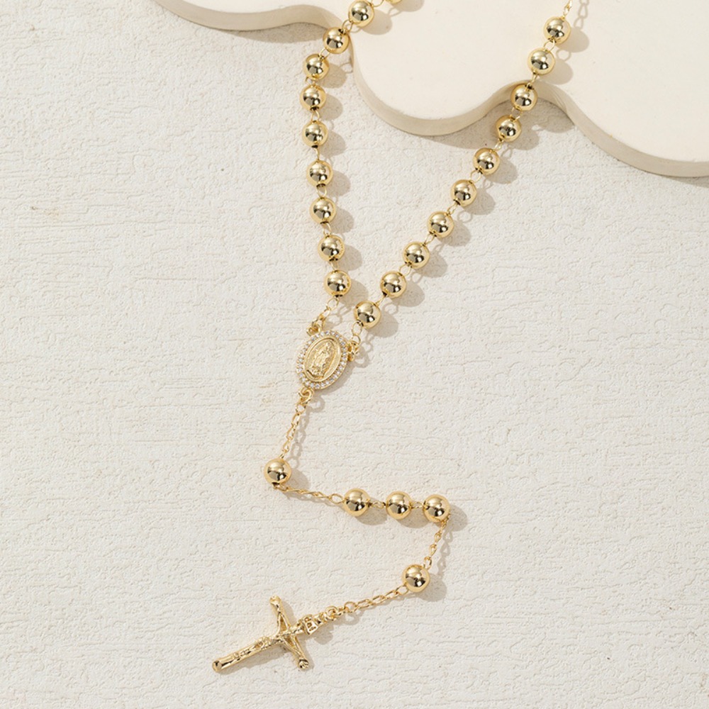 Cubic Zirconia 5mm Beads Men's Jesus Cross Pendant Long Rosary Chain