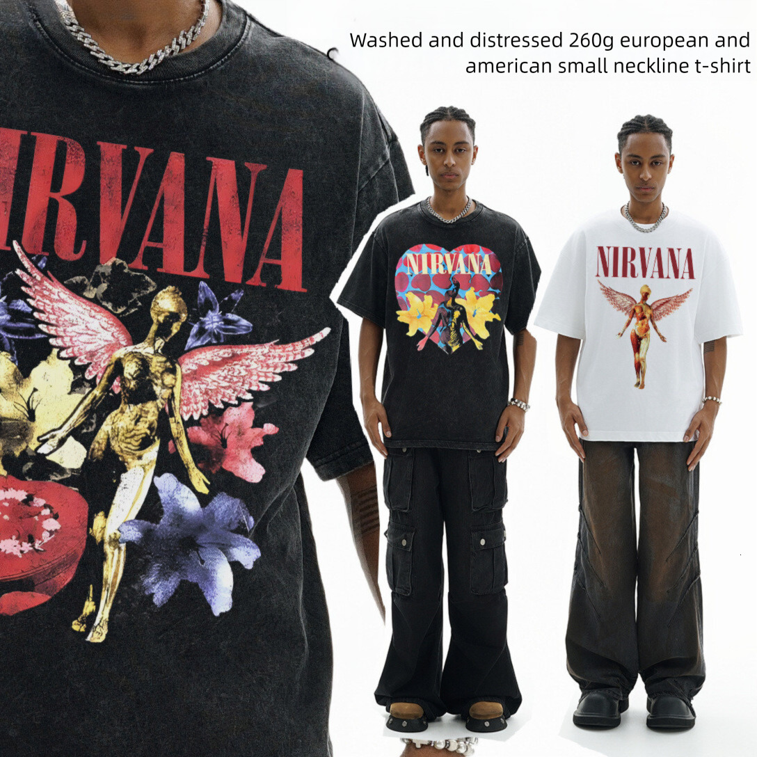 2026 American Street Rock Designer T-shirt Luxury Retro Washed Heavyweight Angel Digital Printed Pure Cotton Short Sleeved Top Outdoor Sports Loose Ca