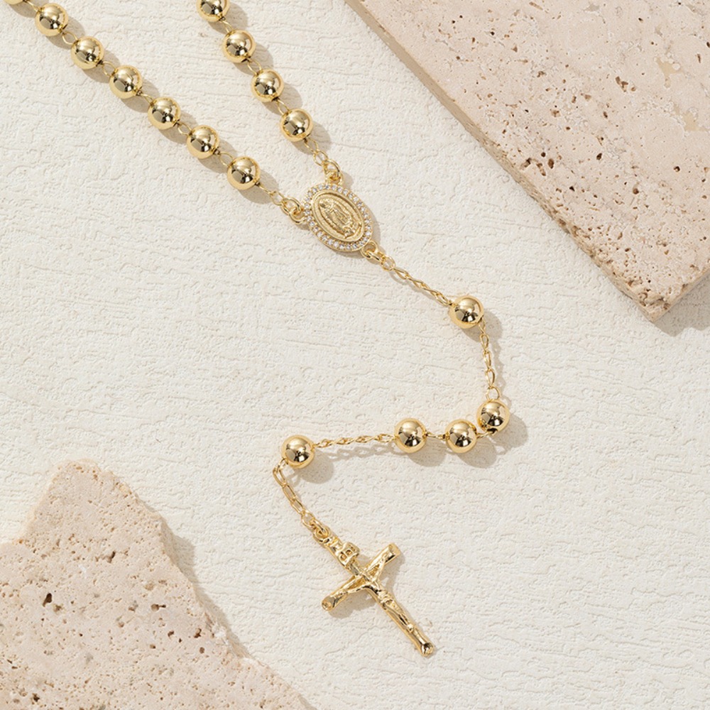 Cubic Zirconia 5mm Beads Men's Jesus Cross Pendant Long Rosary Chain