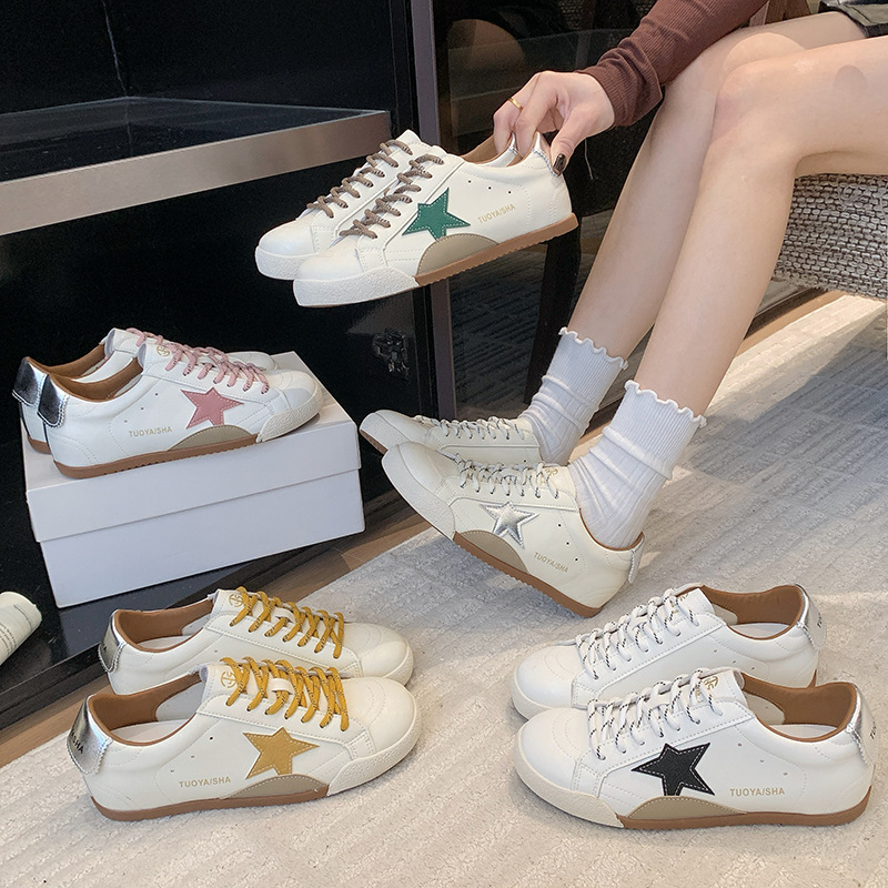 Hot selling retro star patch women's sports shoes retro white leather low top casual shoes breathable daily walking training shoes free shipping