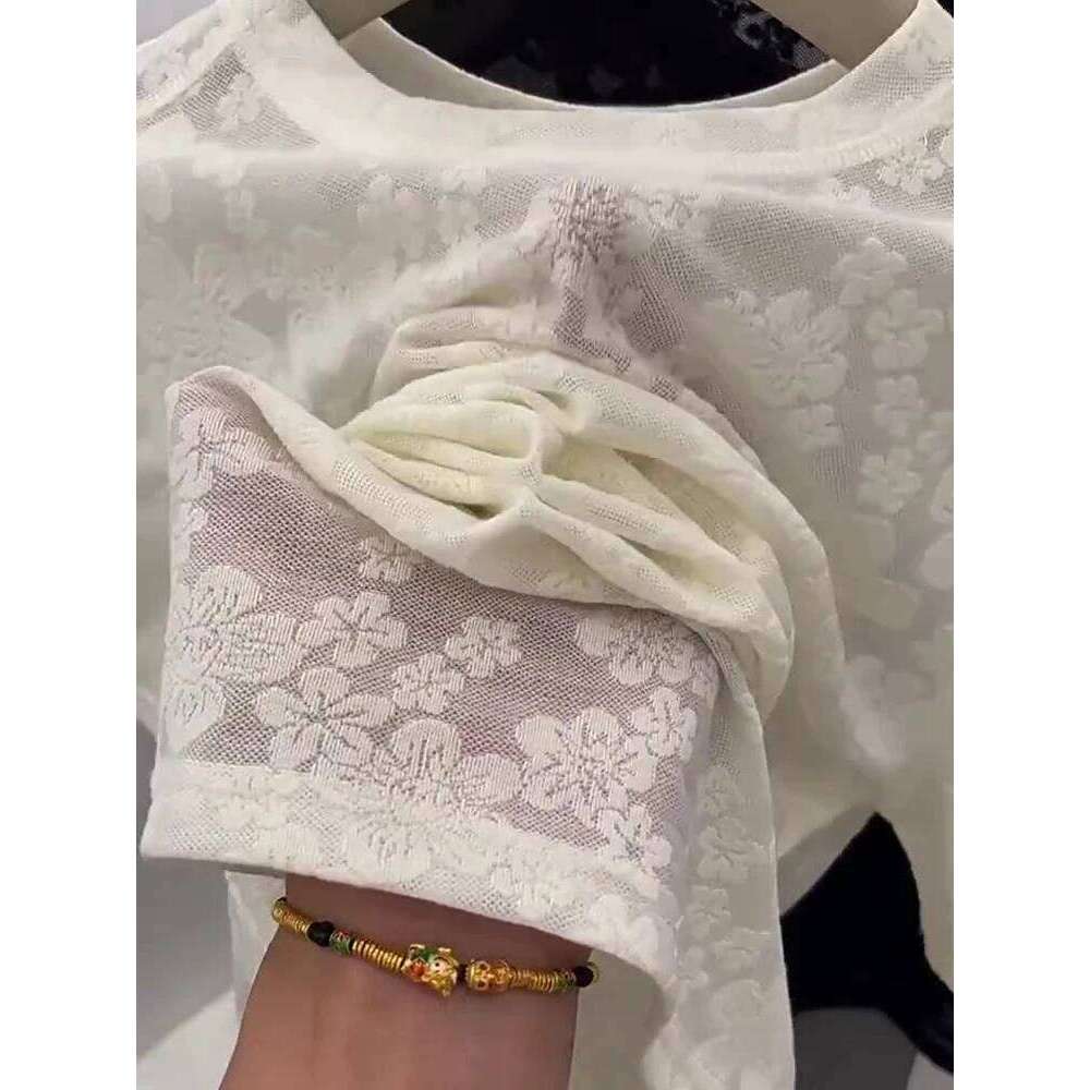 Black Lace Crew Top Solid Elegant Casual Flower Embroidery Short Sleeve T Shirts for Women Harajuku Summer Tees Basic MAKOUFEI