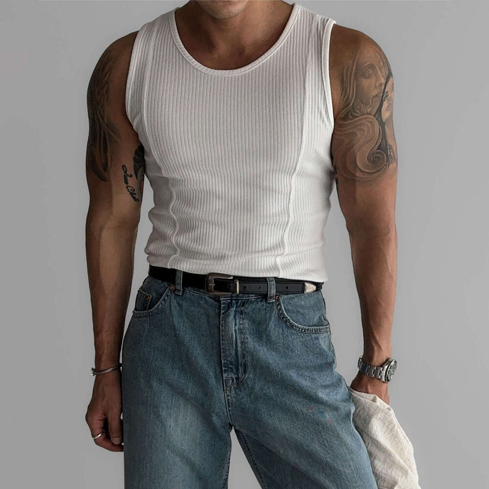 American-style round-neck vertical ribbed slim-fit knitted vest for men, 2026 summer casual stretchy sleeveless tank top
