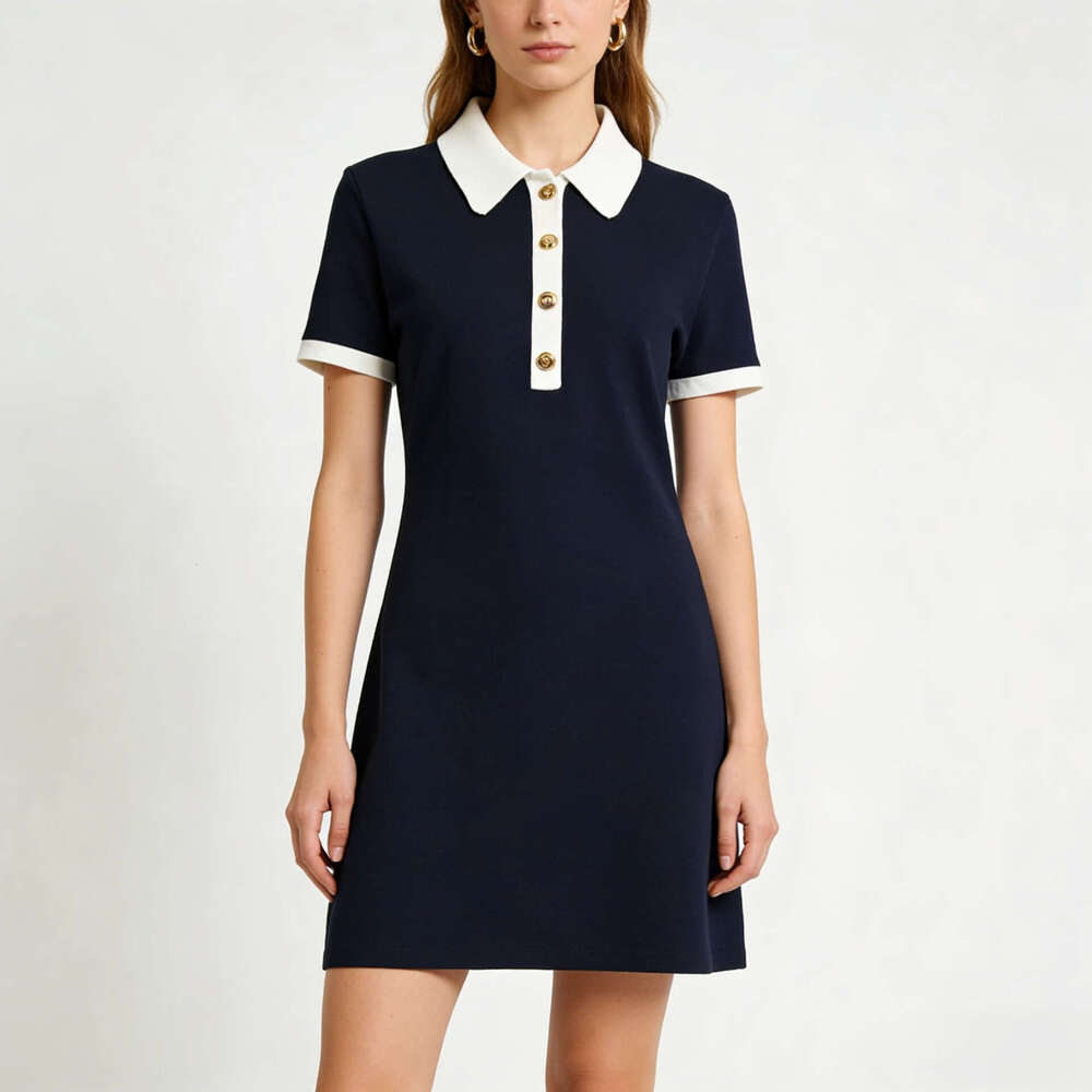 2026 Spring Designer Women's Gentle Style Elegant Color blocked Polo k30 Collar Short Sleeve French Slimming Knitted Dress