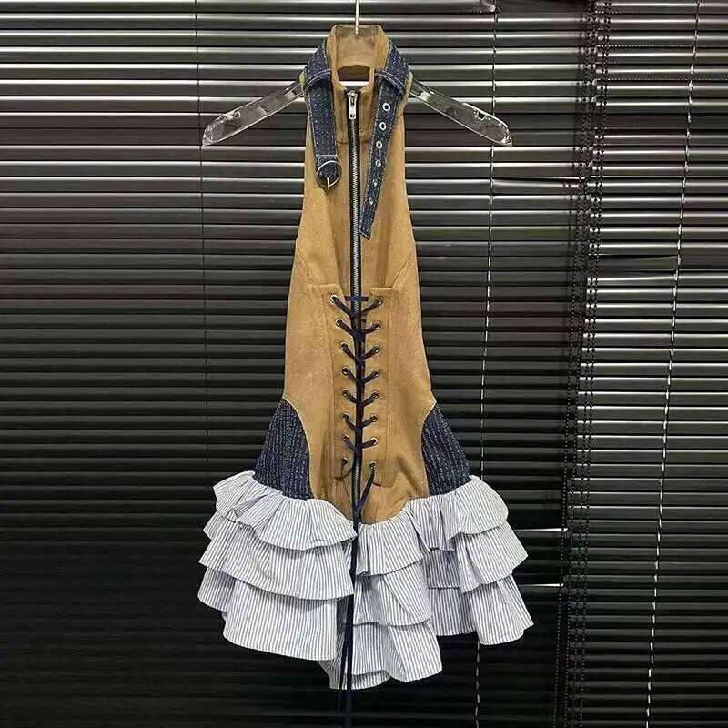 Spring New Arrival Fashion Retro Rivet Halter Sleeveless Dresses For Women Trendy Backless Strap Cake Dress Female A MAKOUFEI