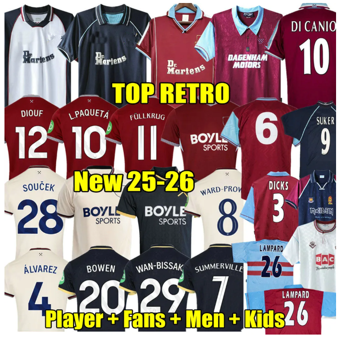 BOWEN 25 26 L.PAQUETA DI CANIO 91 92 95 97 Retro soccer jerseys Cole Lampard Dicks 1999 2000 Classic United 99 00 Vintage Football Shirts 99 01 ANTONIO SUMMERVILLE