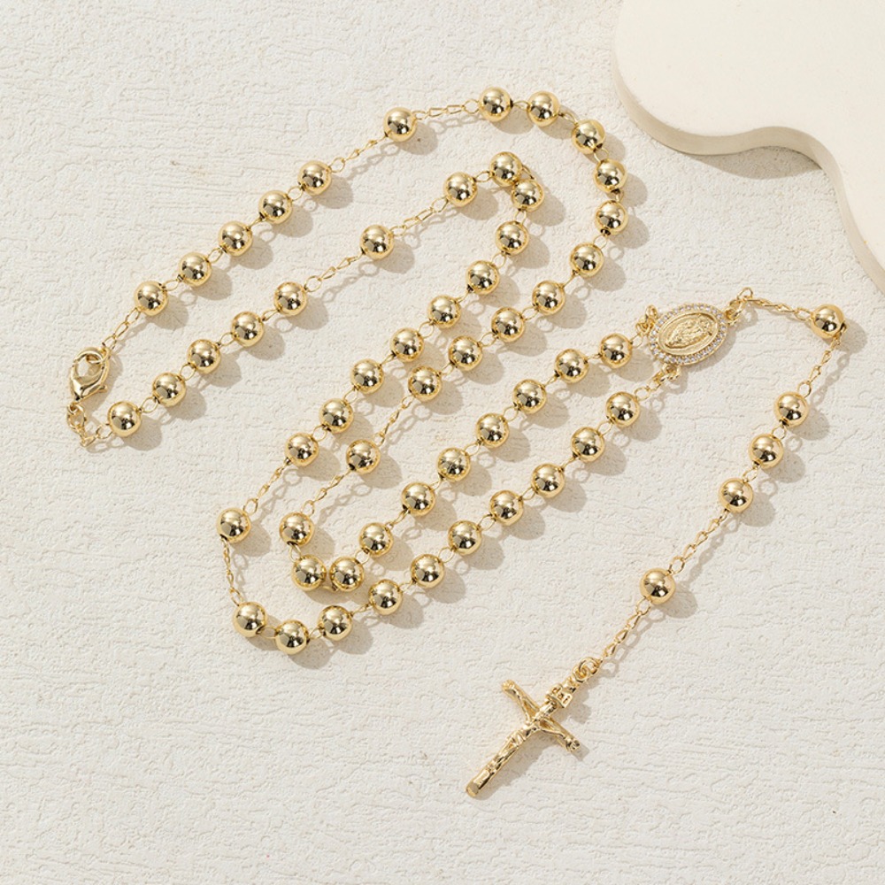 Cubic Zirconia 5mm Beads Men's Jesus Cross Pendant Long Rosary Chain
