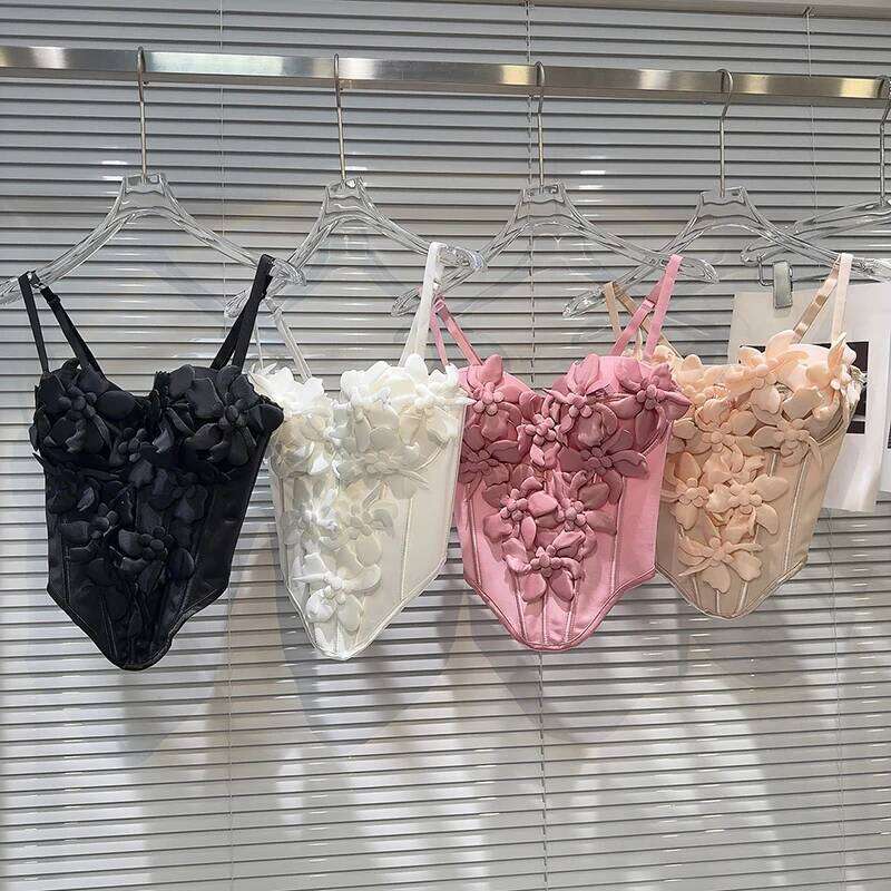 2026 New Women 3D Floral Camisole Fishbone Waist Slim Tank Top With Chest Pad Sexy Sling Vest Fashion Crop Top MAKOUFEI