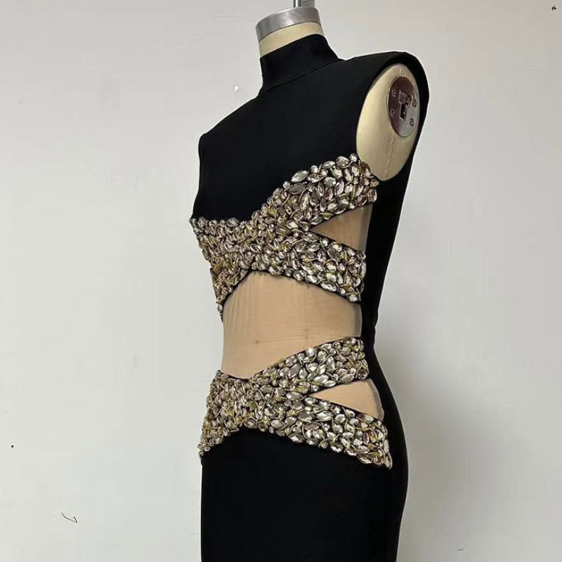 OC413N61 Jewel Hollow Crystal Sexy Back Evening Dress Women Elegant Long Sleeveless Mesh Beaded Cross-border Custom