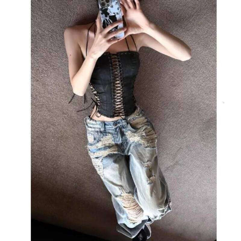 Black Hollow Camisole with Strap Design for Slimming and Short Sleeveless Hanging Neck Top Chic Female Clothing MAKOUFEI