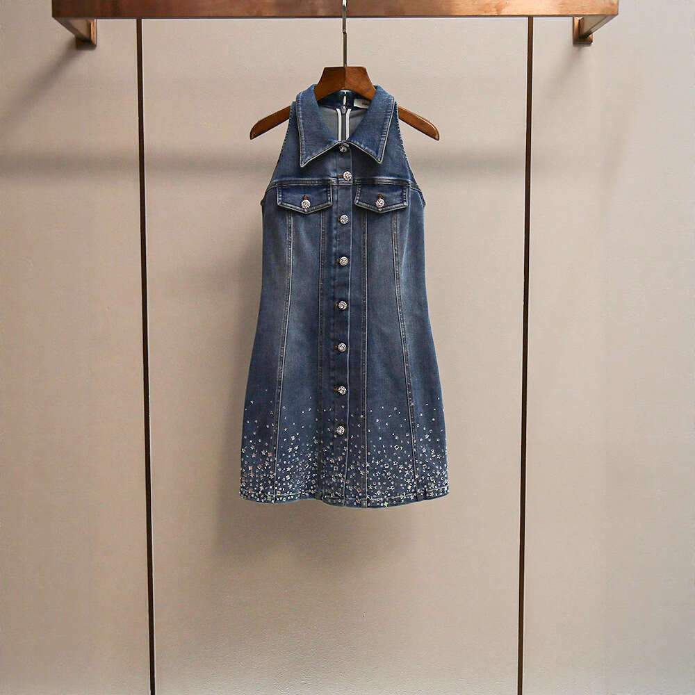Designer's high-end women's summer new k30 style French chic re embellished FC denim vest dress2026