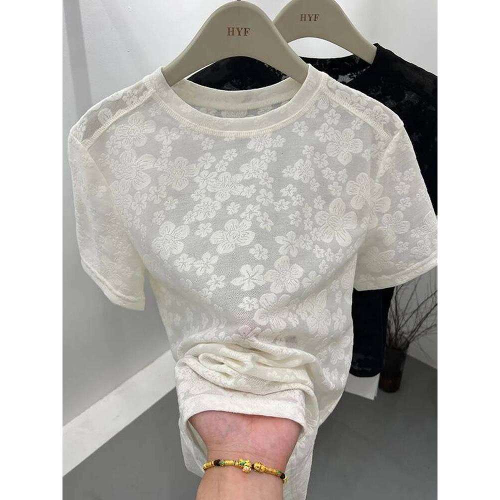 Black Lace Crew Top Solid Elegant Casual Flower Embroidery Short Sleeve T Shirts for Women Harajuku Summer Tees Basic MAKOUFEI